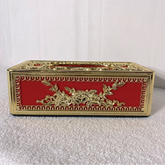 Vintage Elegant Ornate Red Velvet Gold Tone Plastic Tissue Box Cover - Picture 8 of 11